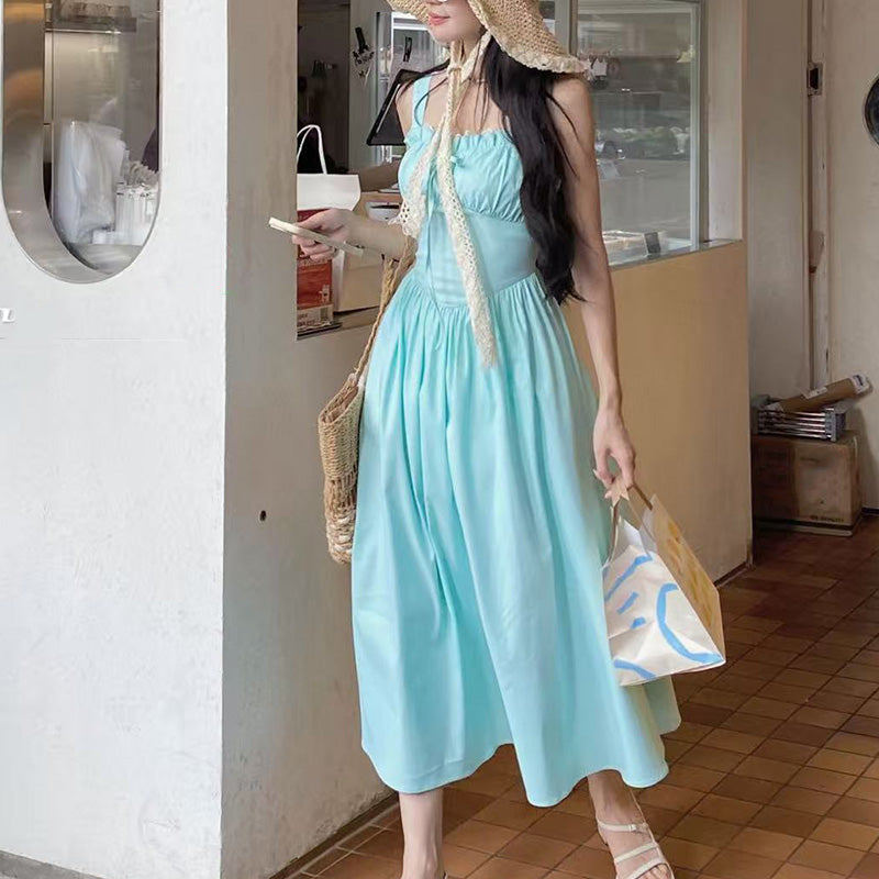 Sweet Square-Neck Strappy Fitted-Waist Dress