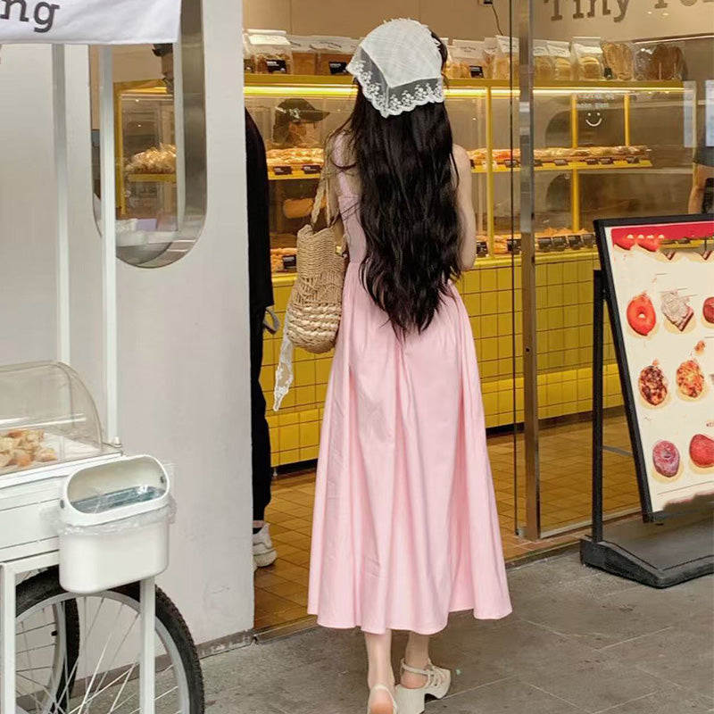 Sweet Square-Neck Strappy Fitted-Waist Dress