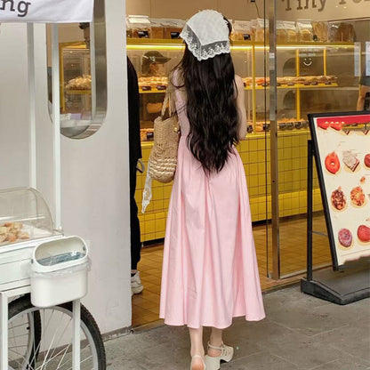 Sweet Square-Neck Strappy Fitted-Waist Dress