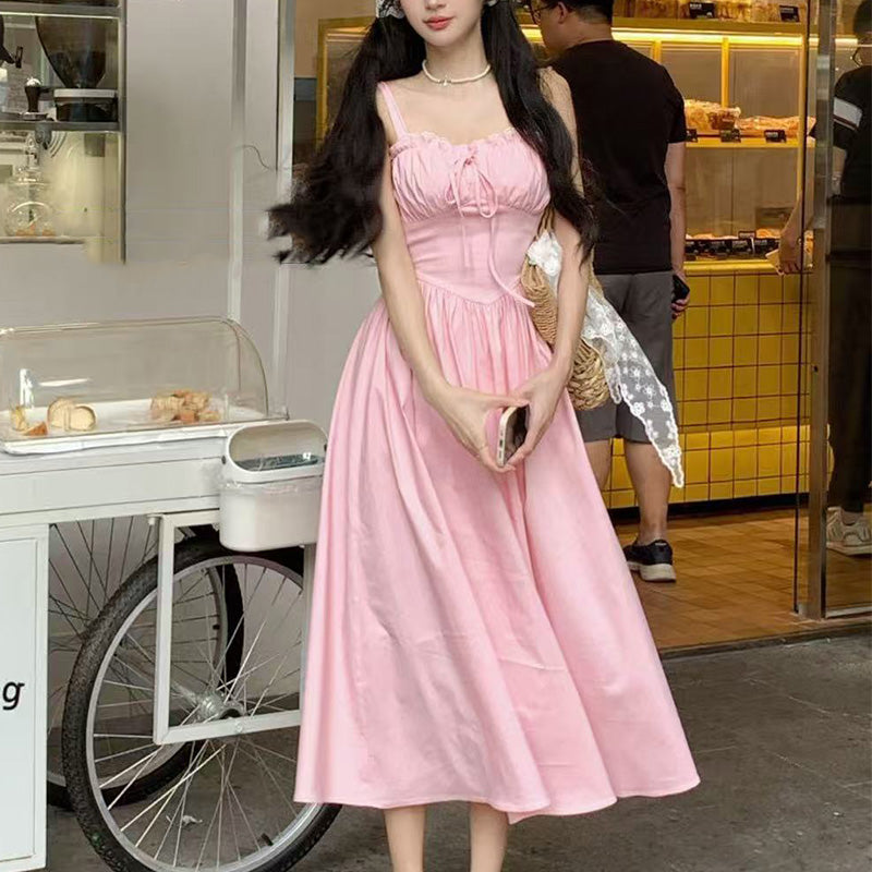 Sweet Square-Neck Strappy Fitted-Waist Dress