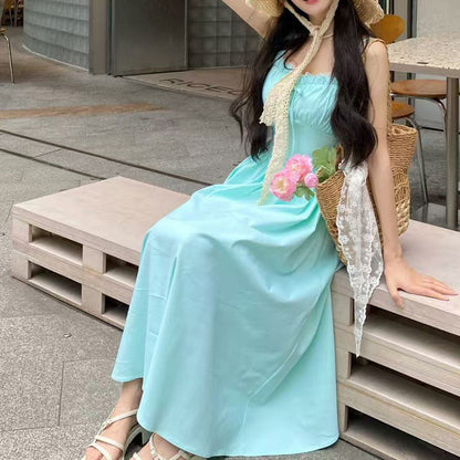 Sweet Square-Neck Strappy Fitted-Waist Dress