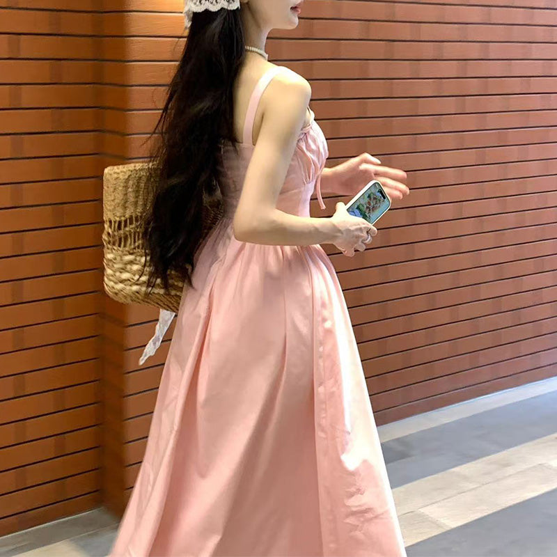 Sweet Square-Neck Strappy Fitted-Waist Dress