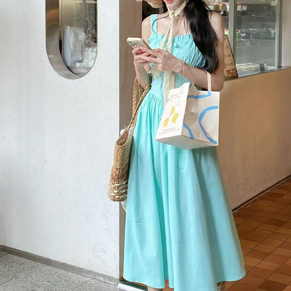 Sweet Square-Neck Strappy Fitted-Waist Dress